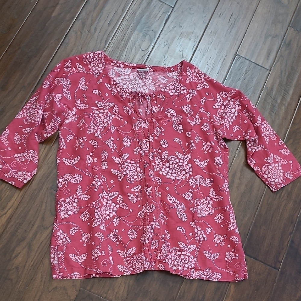 Columbia Red & White Floral Linen/Cotton Blend Blouse size XL